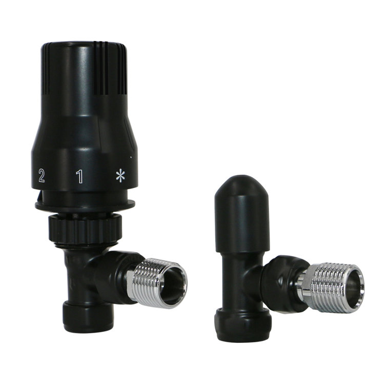 Belfry Bathroom Angled Thermostatic Manual Radiator Heated Towel Rail Valves Black One Pair